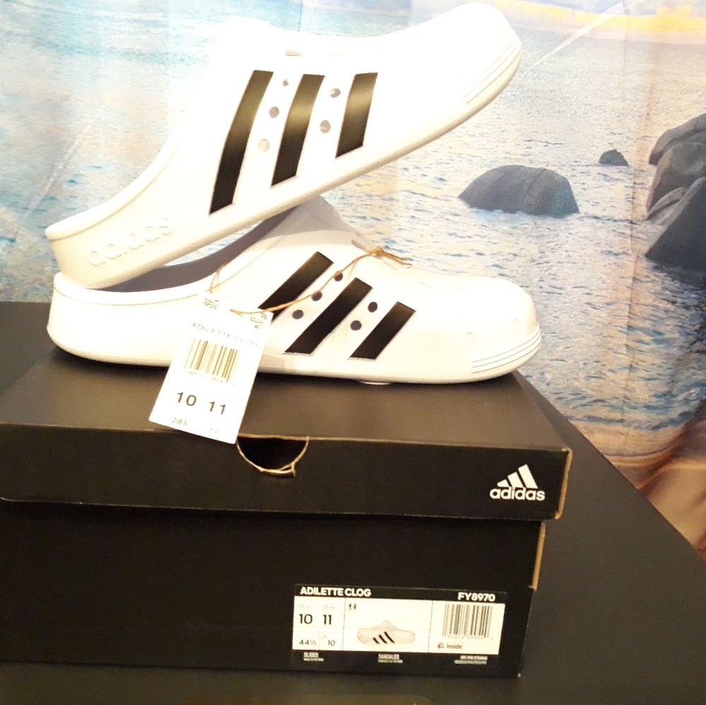 NWT ADIDAS Adilette White/Black Unisex Comfy Casual Slip On Clog Various Sizes